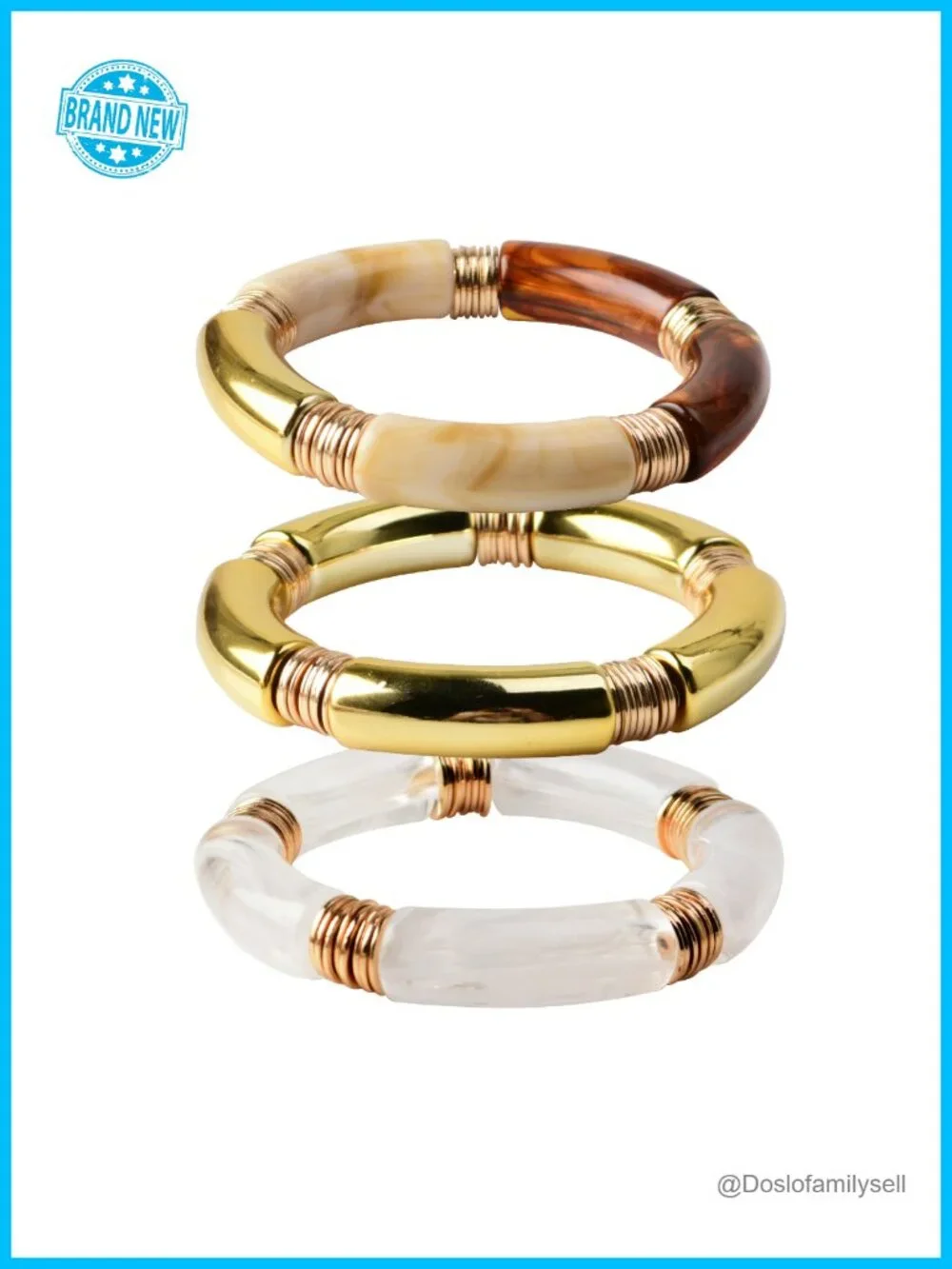 Beaded Gold Plated Bangle Bracelet - Chunky Bamboo Tube Stacking Stretchable Set